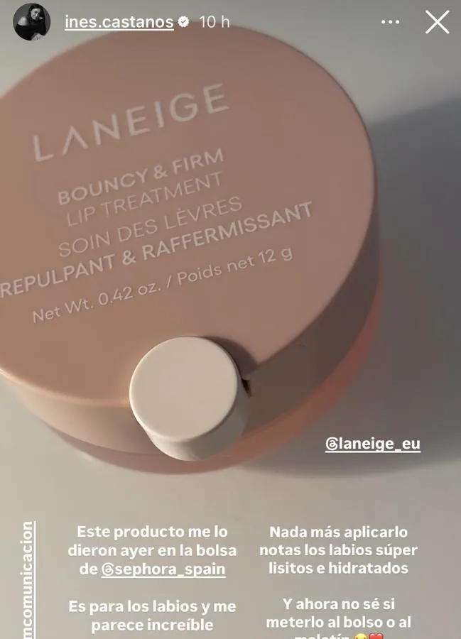 Unas stories de la maquilladora Inés Castaños con el producto de Laneige. Foto: @ines_castanos