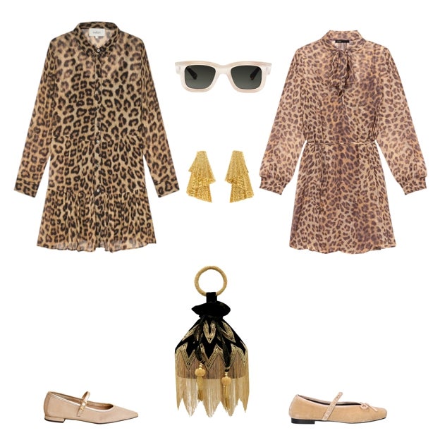 Vestido camisero con animal print, de BA&SH (245 €). Gafas Nico, de TIWI (78 €). Vestido corto estampado, de MAJE (295 €). Bailarina tipo merceditas, con cristales, de BE FREE (89 €). Bombonera con pedería, de OCCEANIS (79 €). Bailarina con pulsera al empeine, de POLIN ET MOI (80 €). Pendientes en latón dorado, de ACUS (C.P.V.).