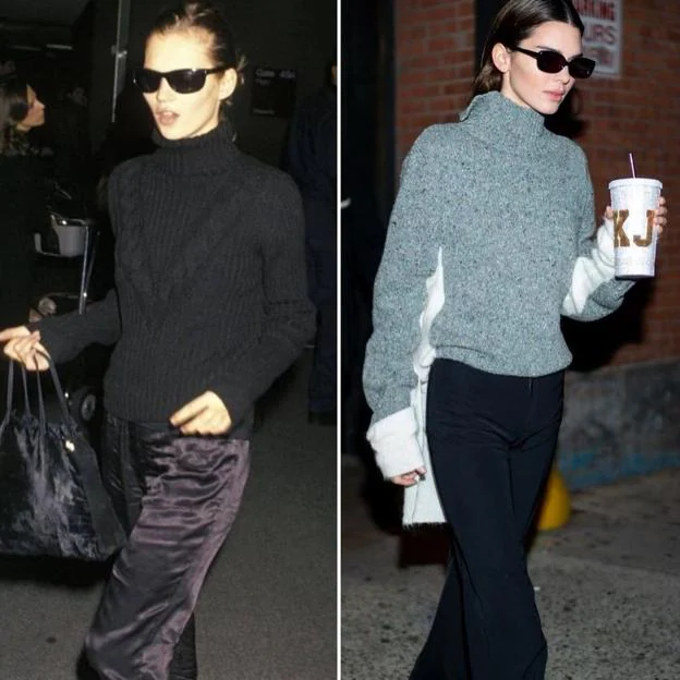 Kendall Jenner copia el look noventero de Kate Moss con jersey de cuello alto y pantalones de vestir negros