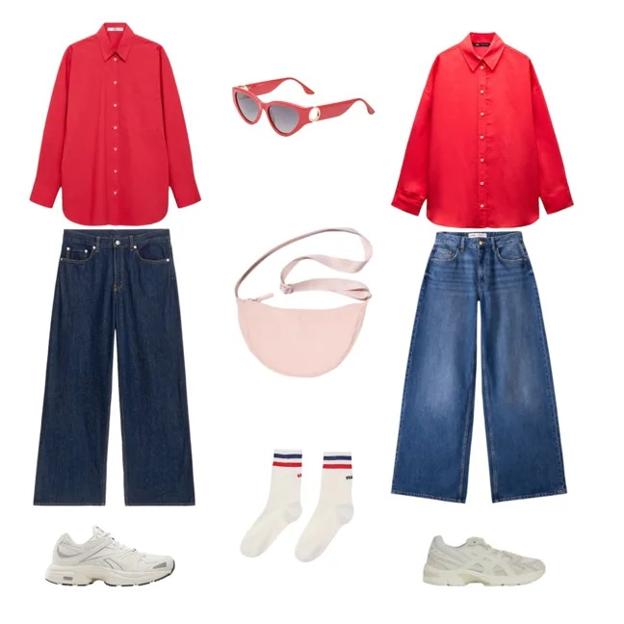 Camisa roja, de MANGO (30 €). Gafas de sol con detalle dorado en la patilla, de MÓ DE MULTIÓPTICAS (59 €). Camisa roja básica, de ZARA (26 €). Pantalón vaquero ancho, de BERSHKA (26 €). Zapatillas deportivas, de ASICS PARA COURIR (125 €). Calcetines con rayas deportivas, de SANDRO (25 €). Zapatillas Premier Road Plus VI, de REEBOK (84 €). Pantalón vaquero ancho, de ARKET (99 €). Bolso de nylon, de UNIQLO (15 €). 