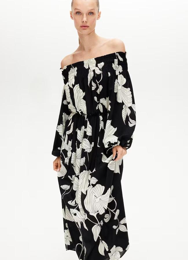 vestido floral print negro off the shoulder