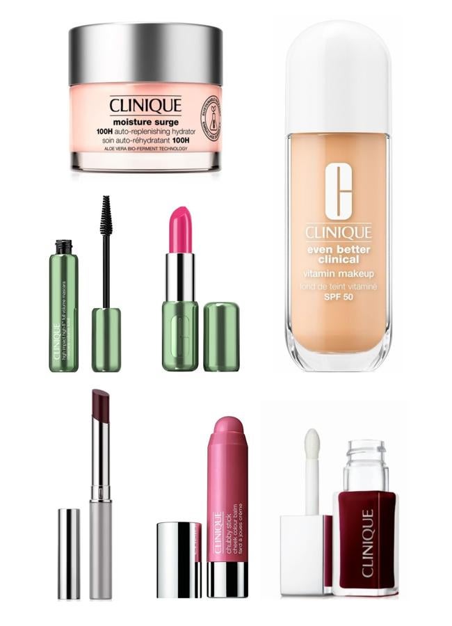 1. Crema facial Moisture Surge 100hrs. 2. Base de maquillaje Even Better ClinicalTM Vitamin Makeup SPF 50. 3. Máscara de pestañas High Impact. 4. Colorete Chubby Stick Cheek Colour Balm. 5. Lipstick Black Honey. 6. Aceite para labios y mejillas Clinique Pop. Todo de Clinique.